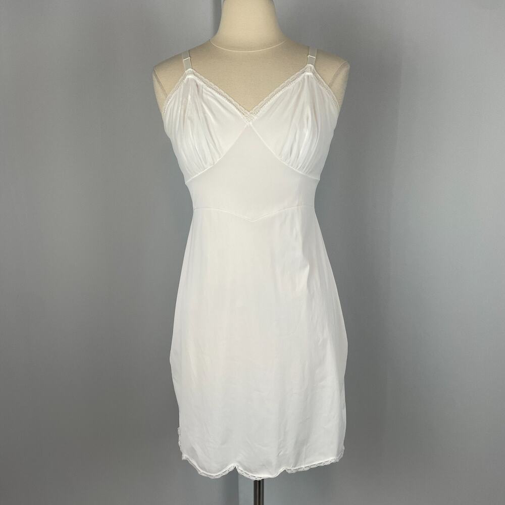 Vintage 60s Shadowline Full Slip Dress Size 36 Medium White Nylon Lace Trim